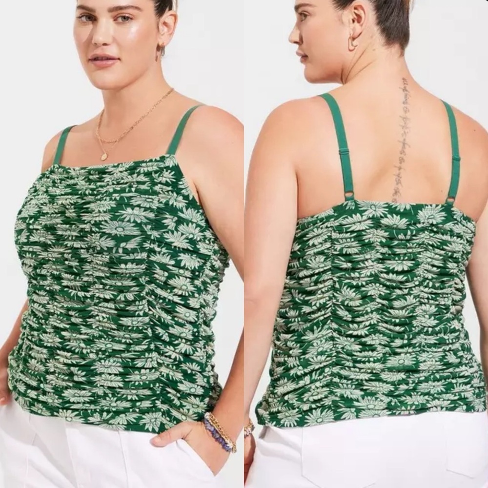 Torrid Stretch Mesh Shirred Cami Top Ruched green floral 2X 18/20